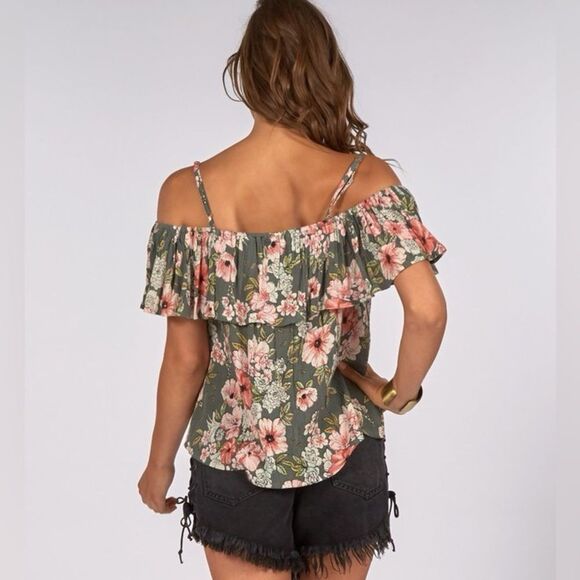 Billabong Summer Sunsets Crinkle Floral Ruffle Off Shoulder Blouse Top M - Picture 2 of 7